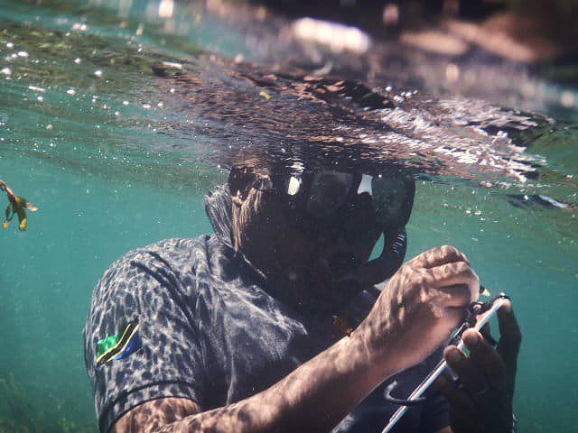 Underwater view of a diver wearing a mask and snorkel, working with equipment in clear water