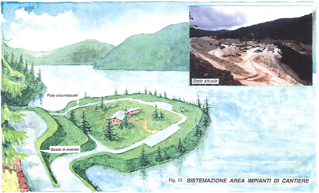 Illustration of a construction site setup area by a lake, with labeled features including service buildings, access road, and greenery, accompanied by an inset photo of the actual construction site
