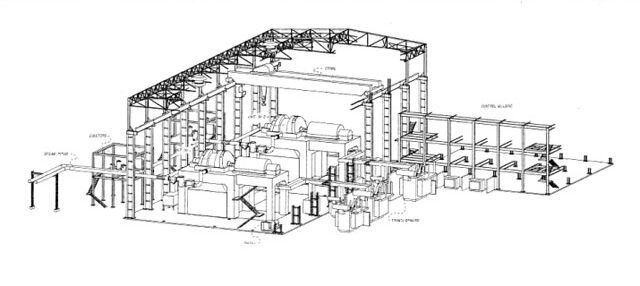 Technical line drawing of a power plant interior, showing structural framework of the facility.