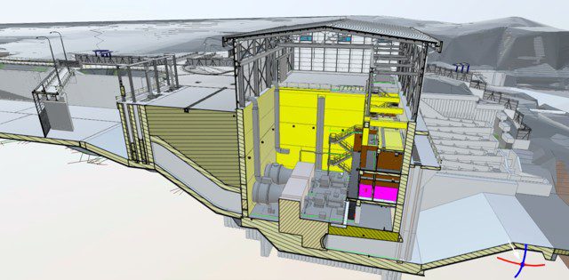 3D architectural rendering of an industrial facility with a cutaway view showing internal structural and mechanical components